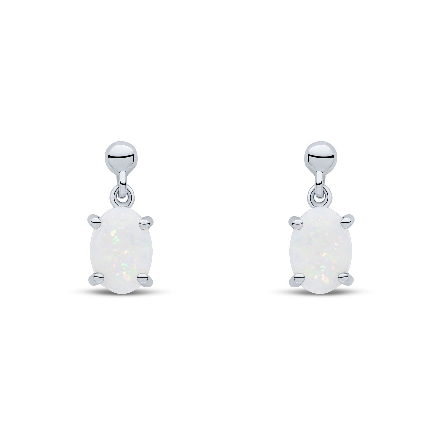 9ct White Gold Oval Natural Opal Claw Drop Earrings with Ball Tops — 7x5mm