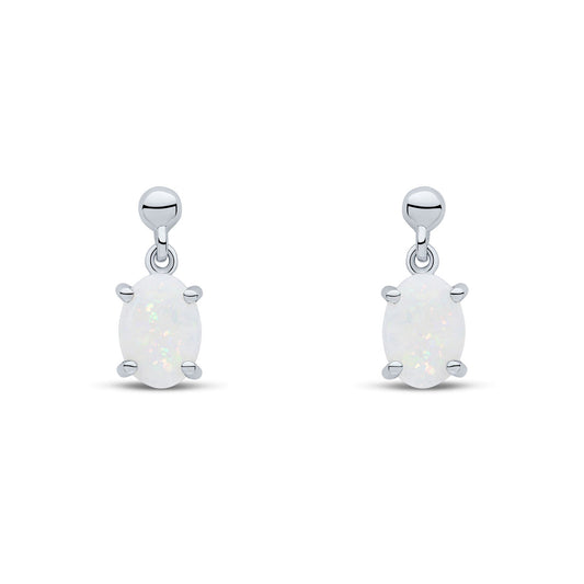 9ct White Gold Oval Natural Opal Claw Drop Earrings with Ball Tops — 7x5mm