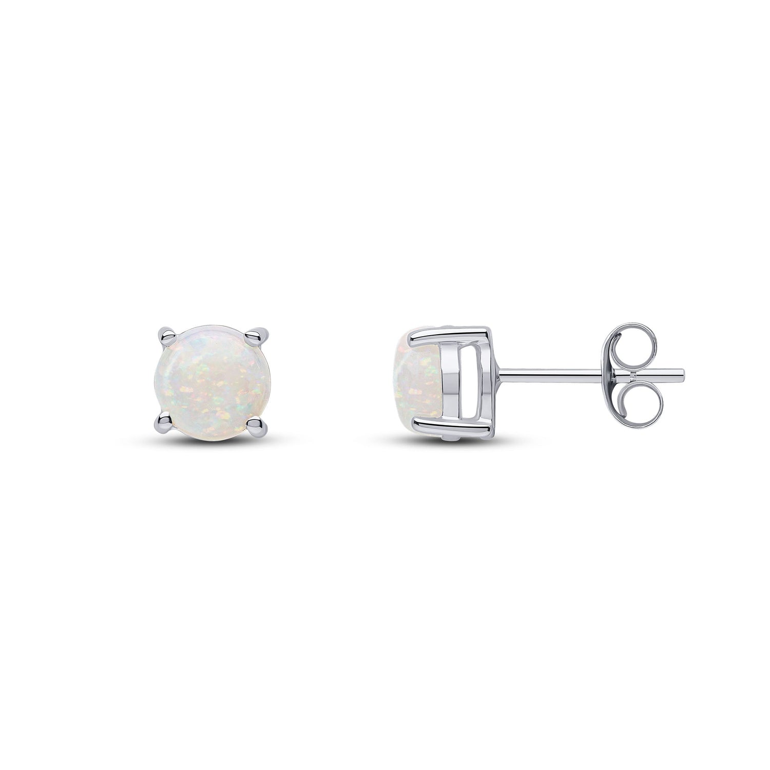 9ct White Gold Round Natural Opal Claw Stud Earrings — 6mm