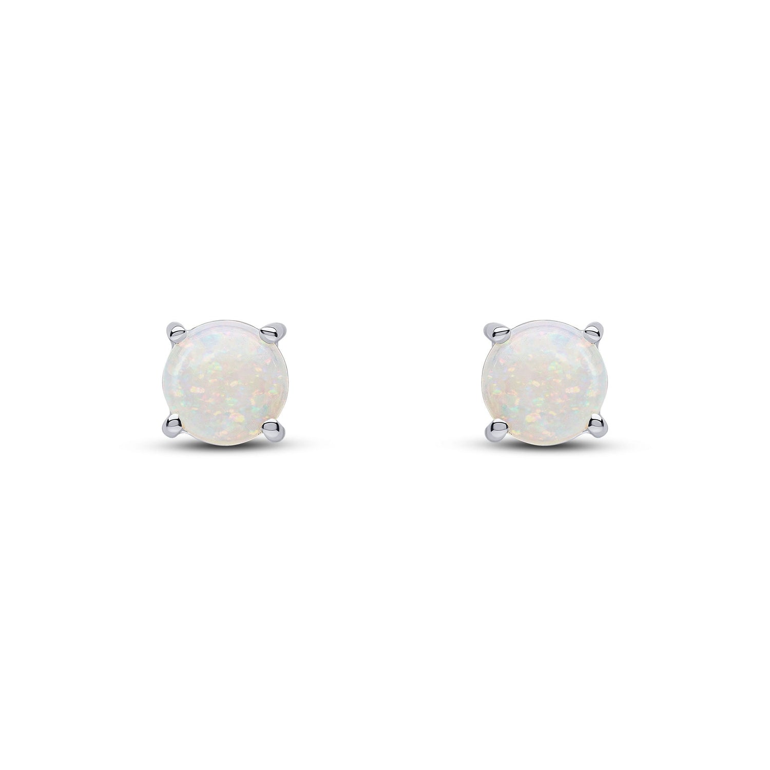 9ct White Gold Round Natural Opal Claw Stud Earrings — 6mm