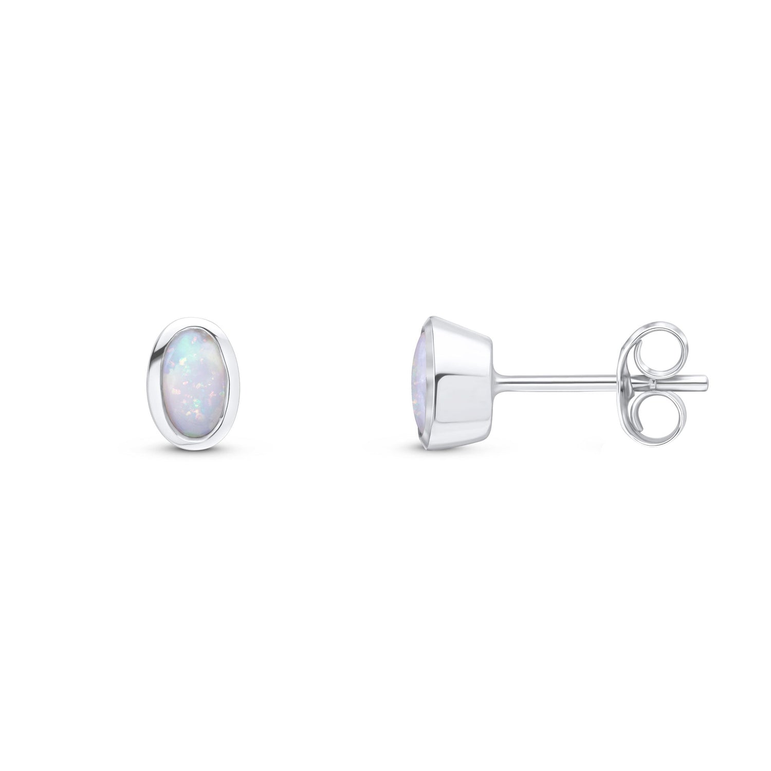 9ct White Gold Oval Natural Opal Rubover Stud Earrings — 5x3mm