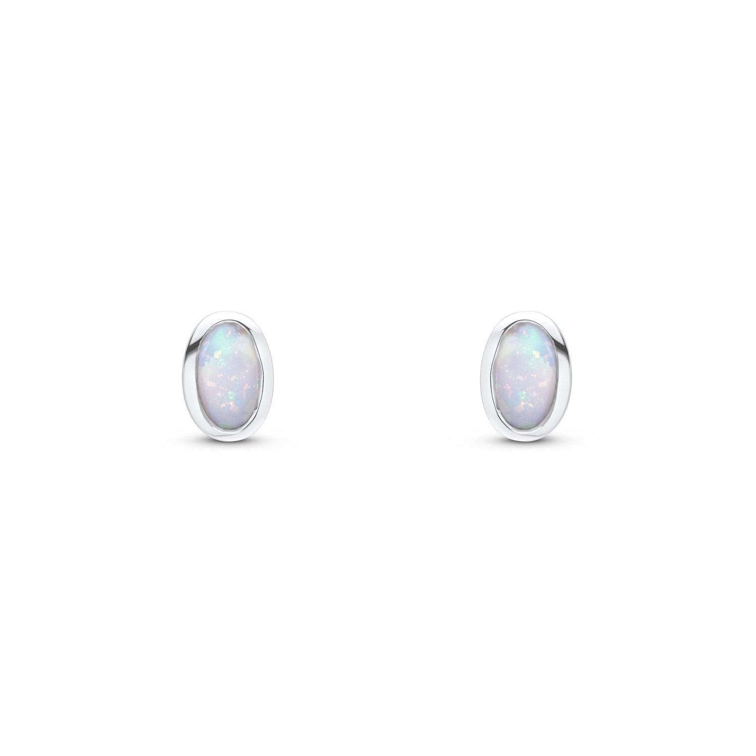 9ct White Gold Oval Natural Opal Rubover Stud Earrings — 5x3mm