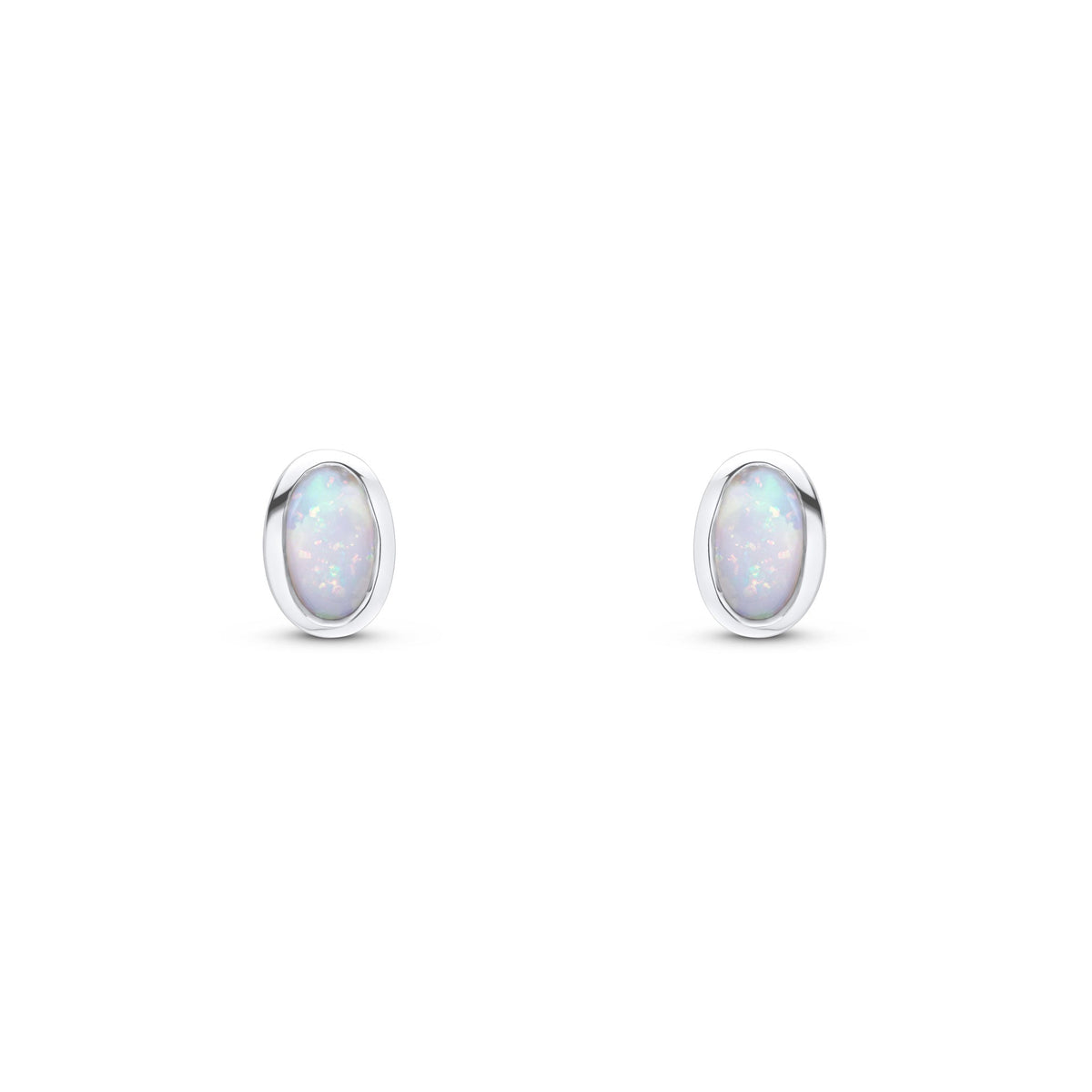 9ct White Gold Oval Natural Opal Rubover Stud Earrings — 5x3mm