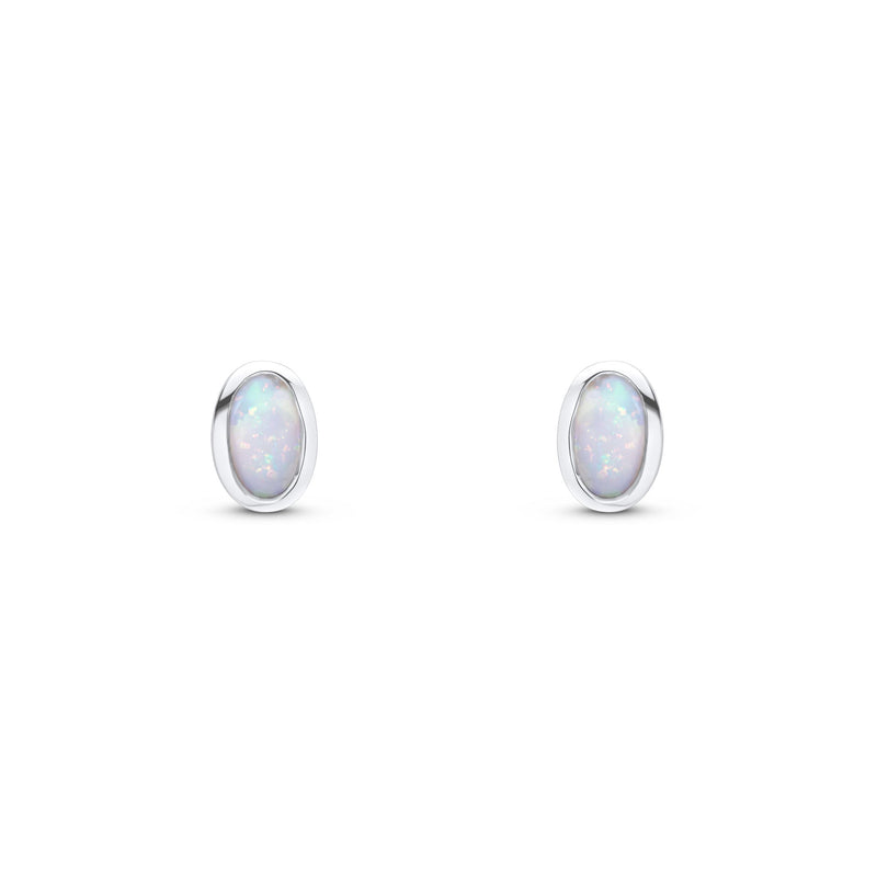 9ct White Gold Oval Natural Opal Rubover Stud Earrings — 5x3mm
