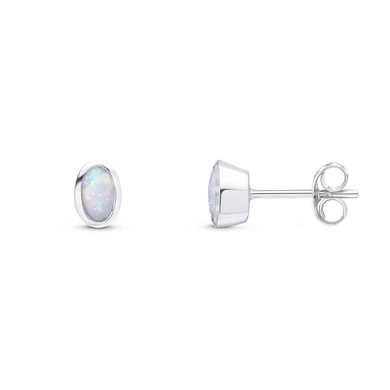 9ct White Gold Oval Natural Opal Rubover Stud Earrings — 5x3mm