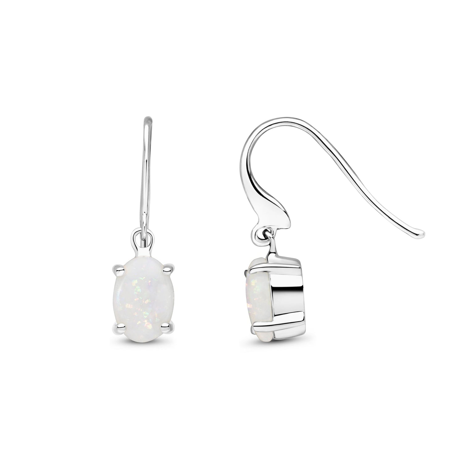 9ct White Gold Oval Natural Opal Hook Wire Drop Earrings — 7x5mm