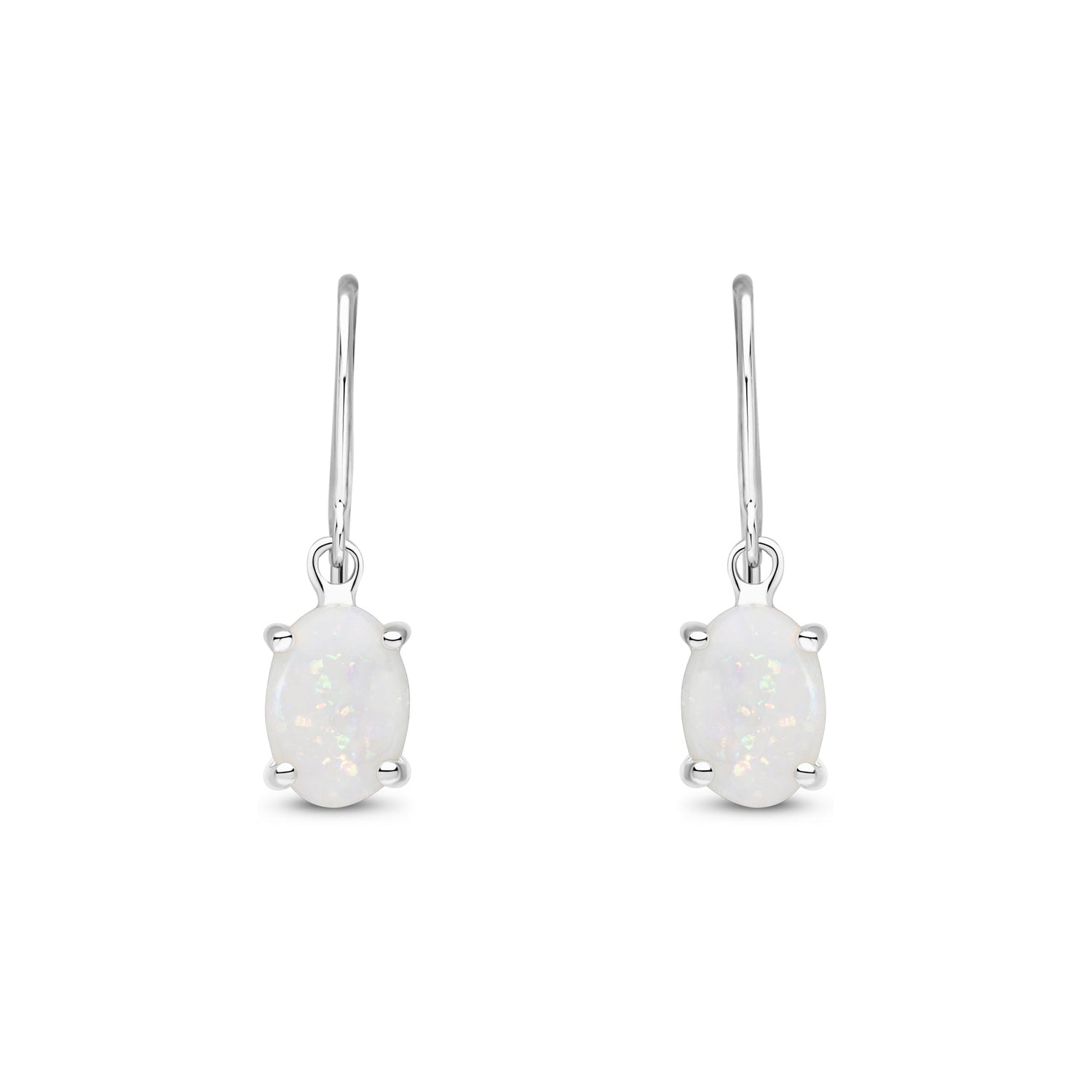 9ct White Gold Oval Natural Opal Hook Wire Drop Earrings — 7x5mm