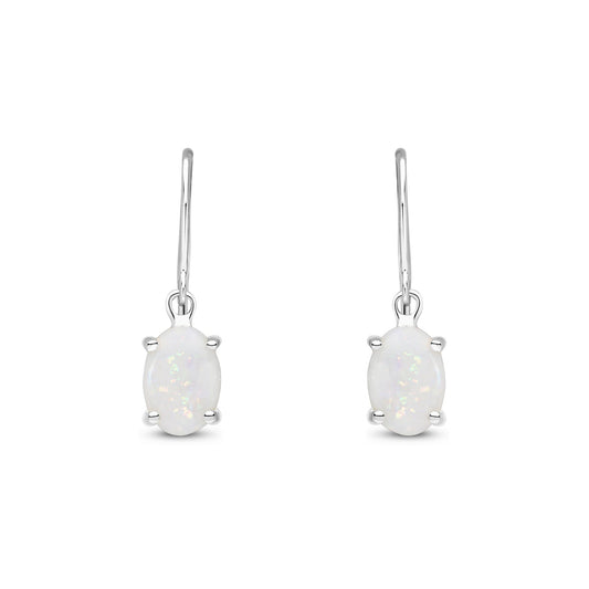 9ct White Gold Oval Natural Opal Hook Wire Drop Earrings — 7x5mm