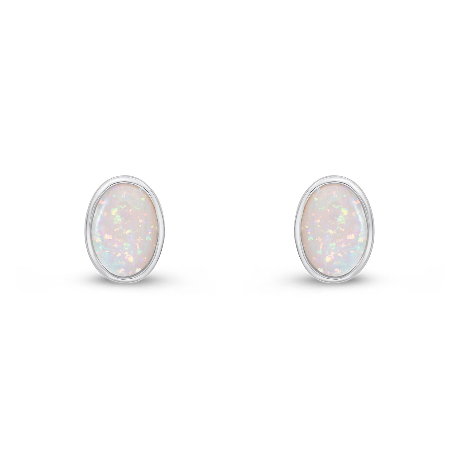 9ct White Gold Oval Natural Opal Rubover Stud Earrings — 7x5mm