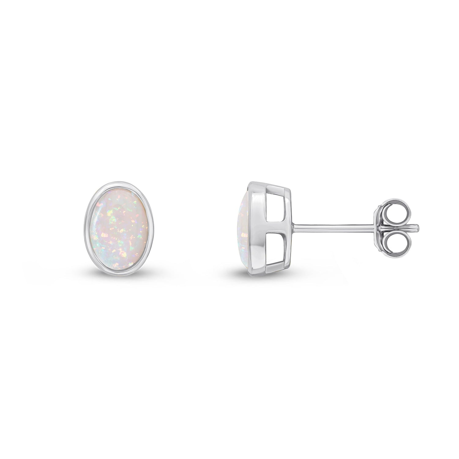 9ct White Gold Oval Natural Opal Rubover Stud Earrings — 7x5mm