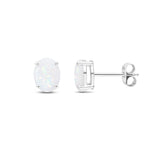 9ct White Gold Oval Natural Opal Claw Stud Earrings — 8x6mm