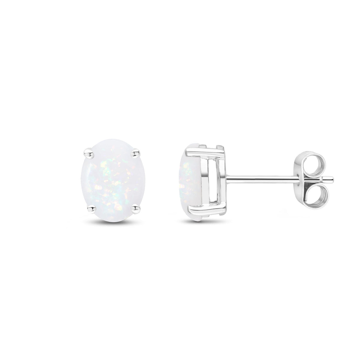 9ct White Gold Oval Natural Opal Claw Stud Earrings — 8x6mm