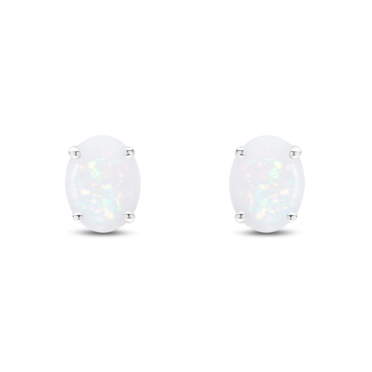 9ct White Gold Oval Natural Opal Claw Stud Earrings — 8x6mm