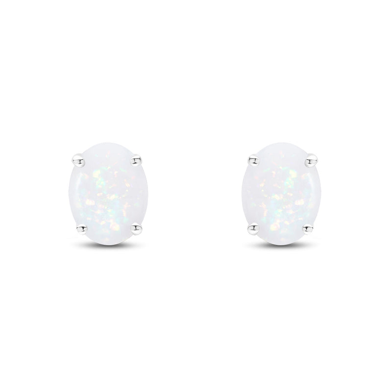 9ct White Gold Oval Natural Opal Claw Stud Earrings — 8x6mm