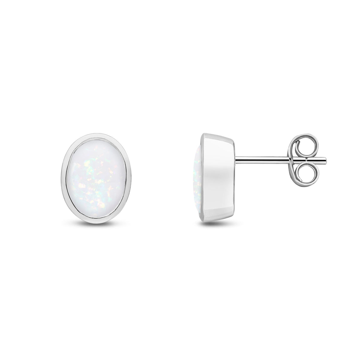 9ct White Gold Oval Natural Opal Rubover Stud Earrings — 8x6mm