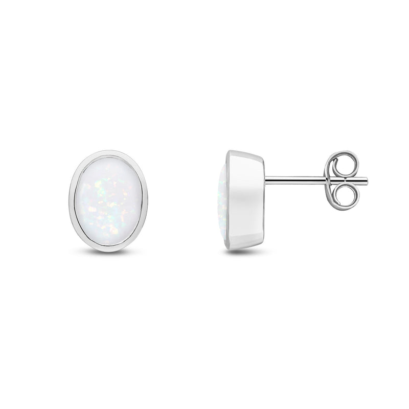 9ct White Gold Oval Natural Opal Rubover Stud Earrings — 8x6mm
