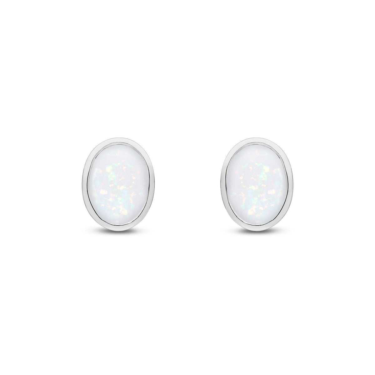9ct White Gold Oval Natural Opal Rubover Stud Earrings — 8x6mm