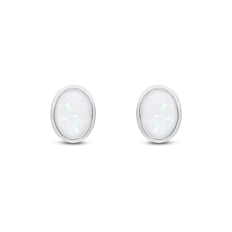 9ct White Gold Oval Natural Opal Rubover Stud Earrings — 8x6mm