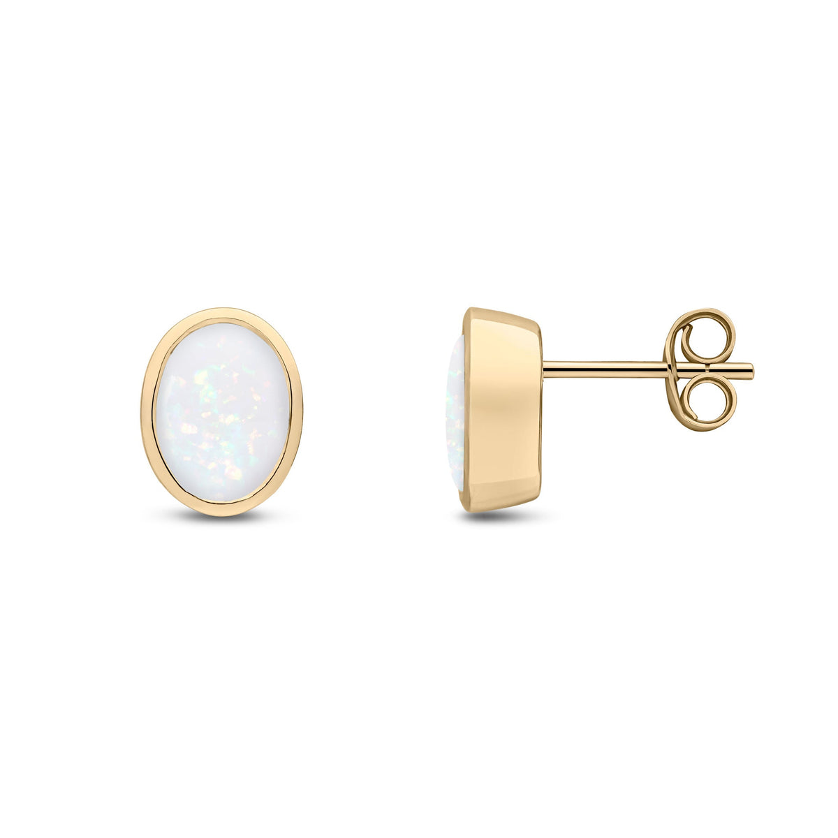 9ct Yellow Gold Oval Natural Opal Rubover Stud Earrings — 8x6mm