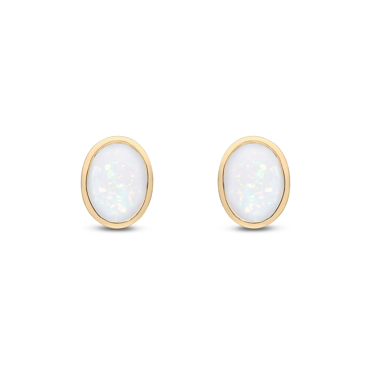 9ct Yellow Gold Oval Natural Opal Rubover Stud Earrings — 8x6mm