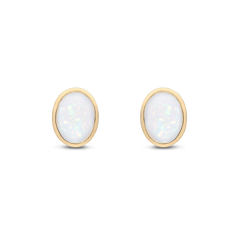 9ct Yellow Gold Oval Natural Opal Rubover Stud Earrings — 8x6mm