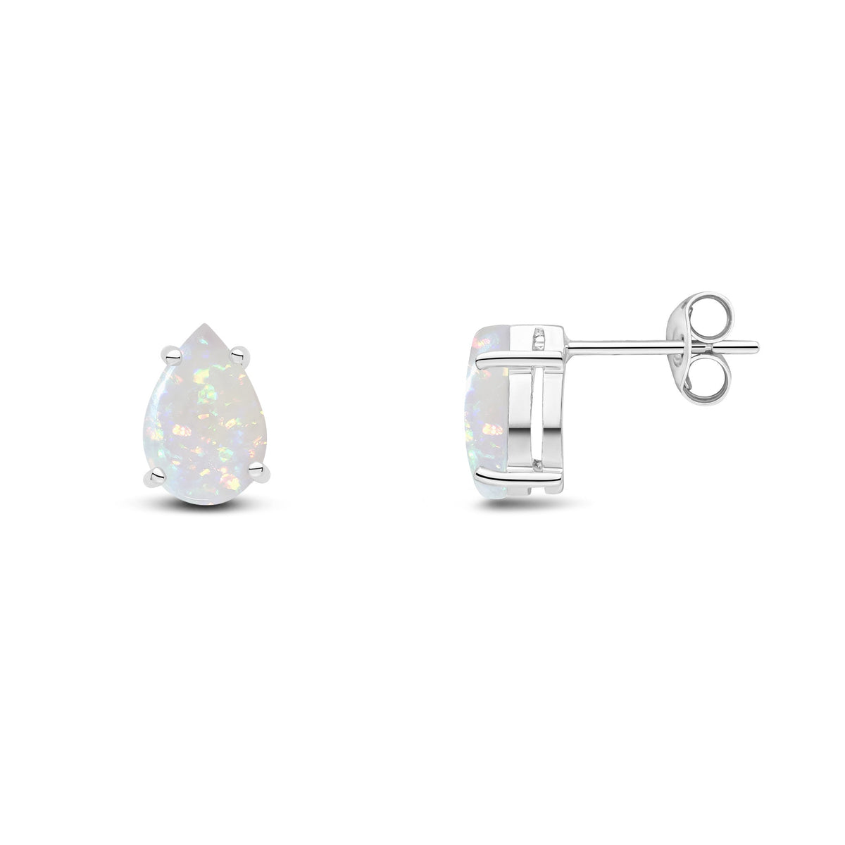 9ct White Gold Pear Shaped Natural Opal Claw Stud Earrings — 9x6mm