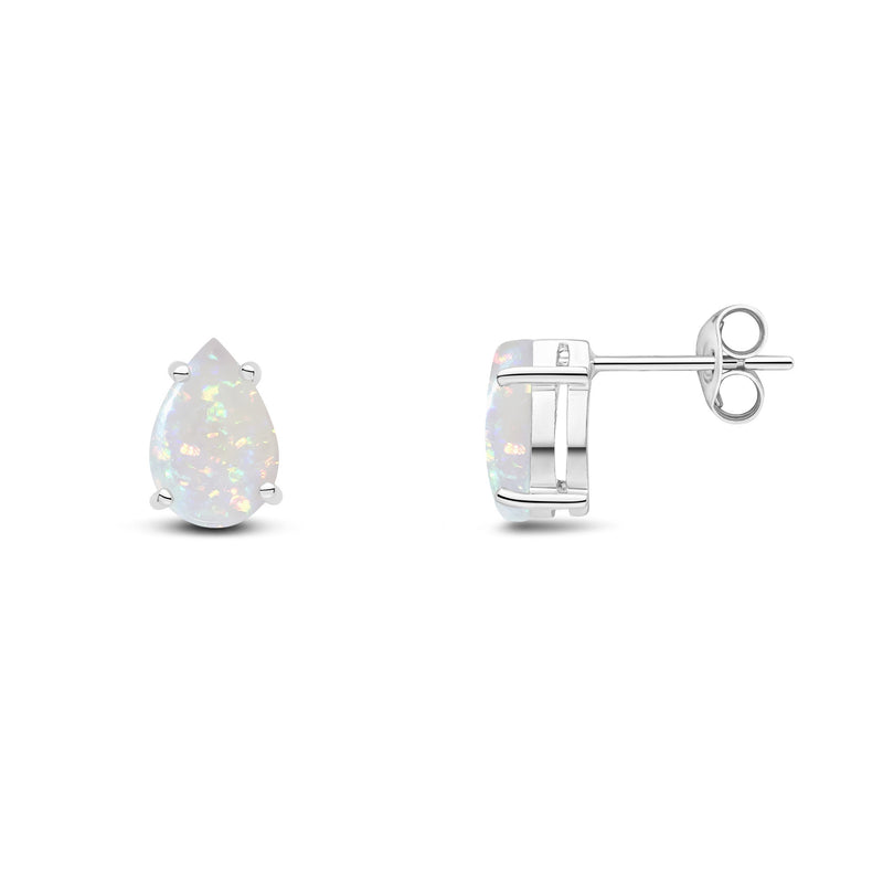 9ct White Gold Pear Shaped Natural Opal Claw Stud Earrings — 9x6mm