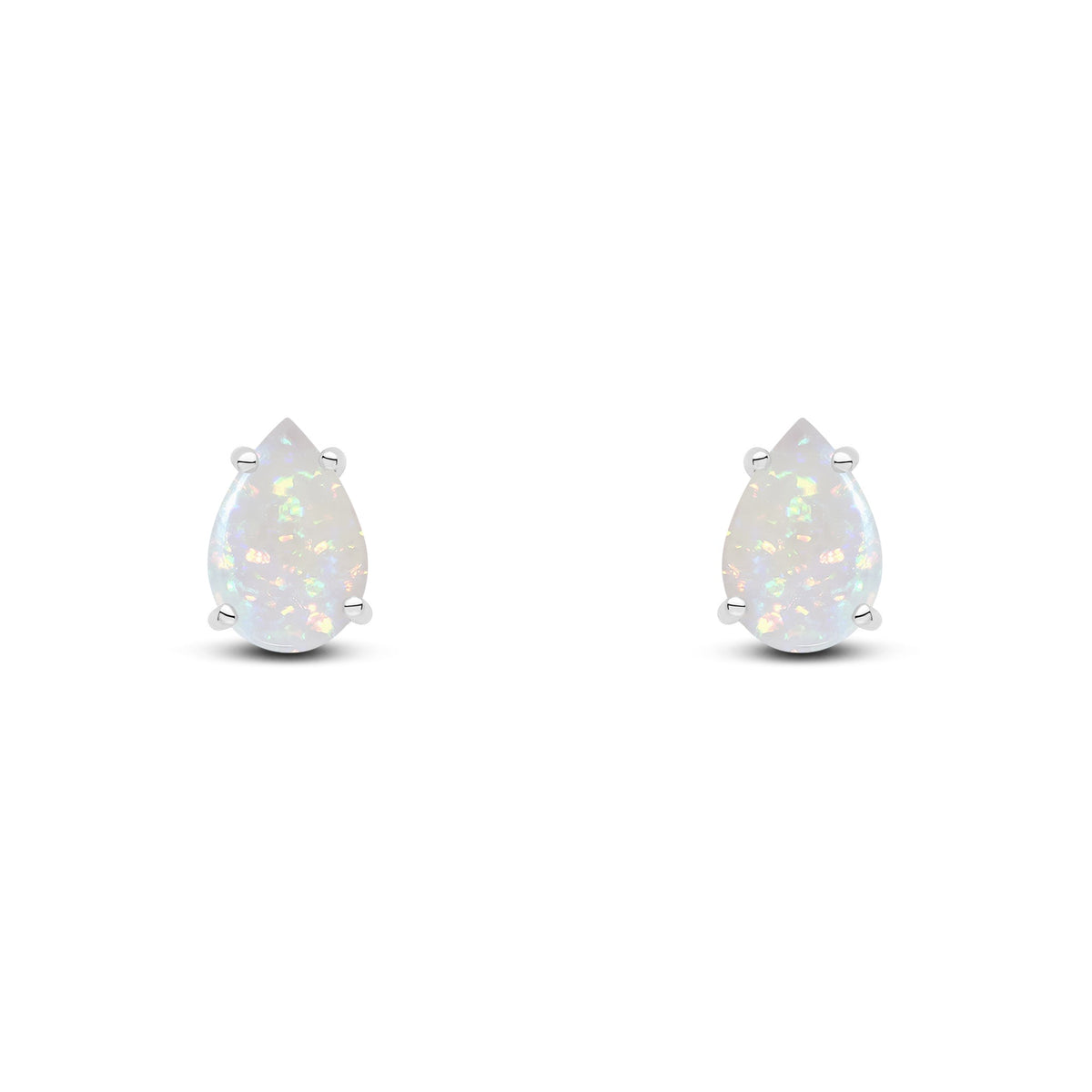 9ct White Gold Pear Shaped Natural Opal Claw Stud Earrings — 9x6mm