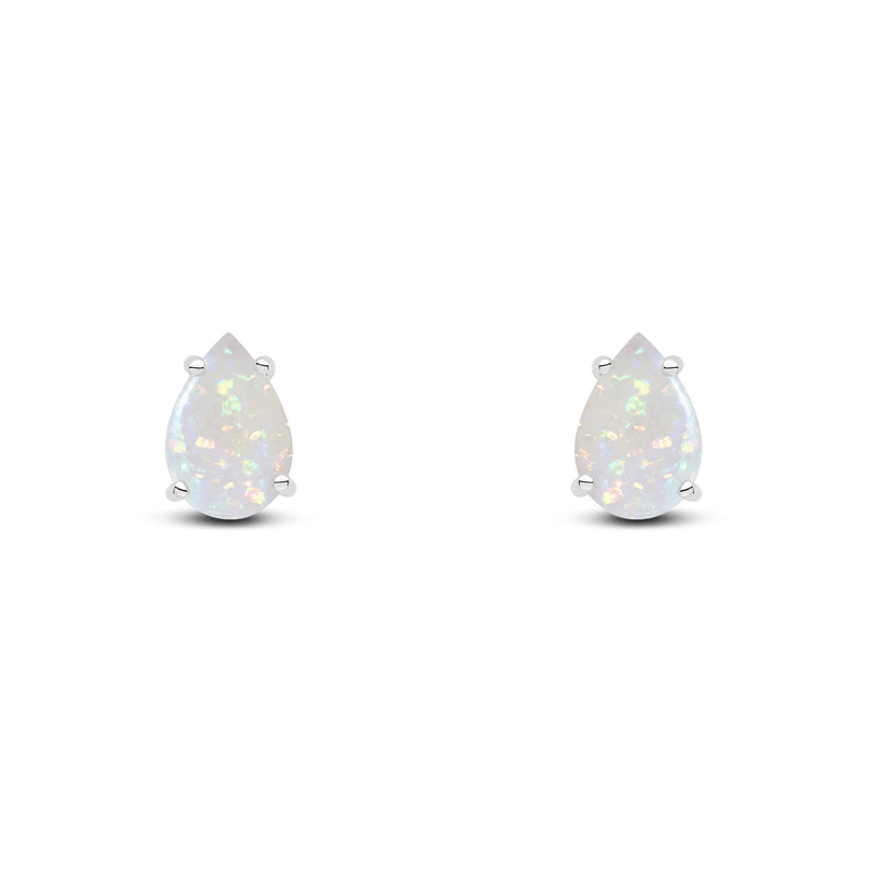 9ct White Gold Pear Shaped Natural Opal Claw Stud Earrings — 9x6mm