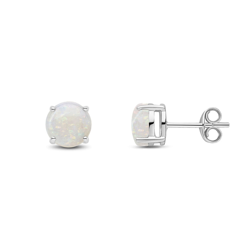 9ct White Gold Round Natural Opal Claw Stud Earrings — 7mm