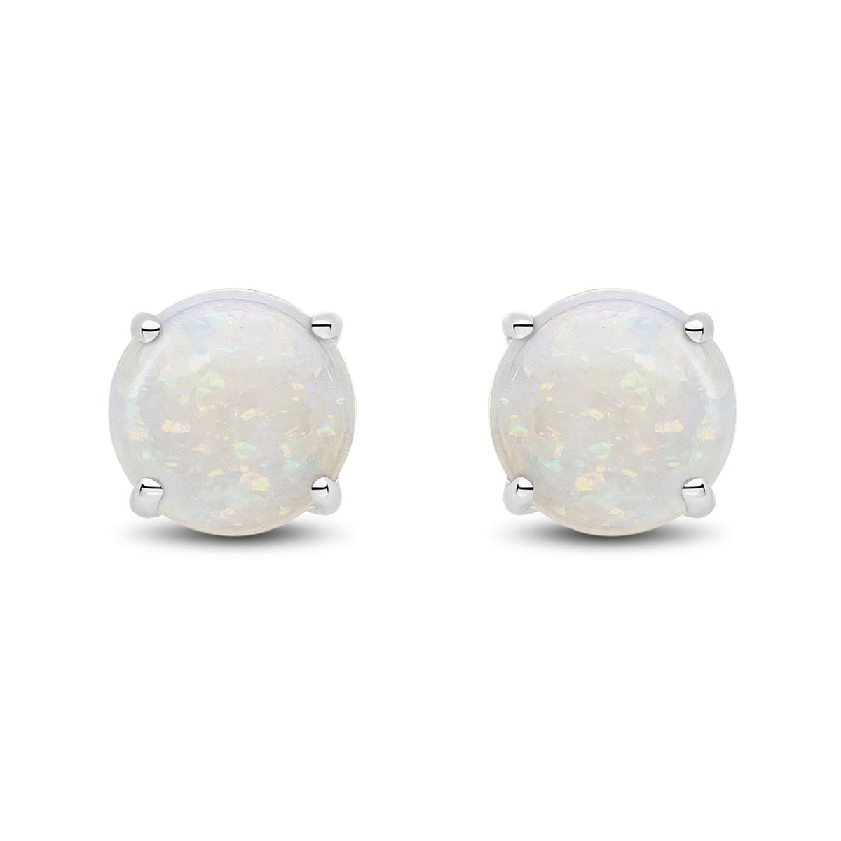 9ct White Gold Round Natural Opal Claw Stud Earrings — 7mm