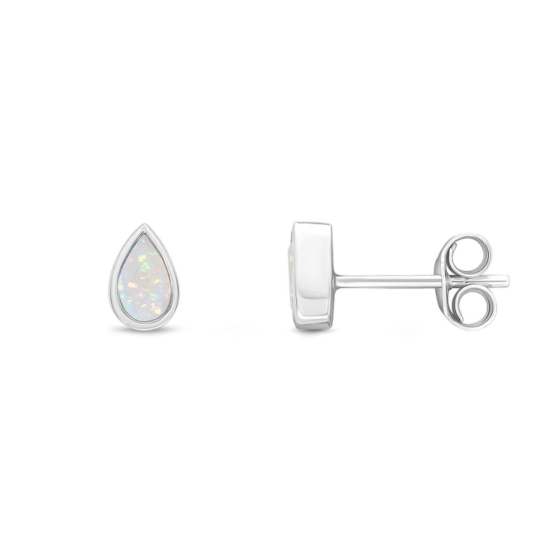 9ct White Gold Pear Shaped Natural Opal Rubover Stud Earrings — 5x3mm
