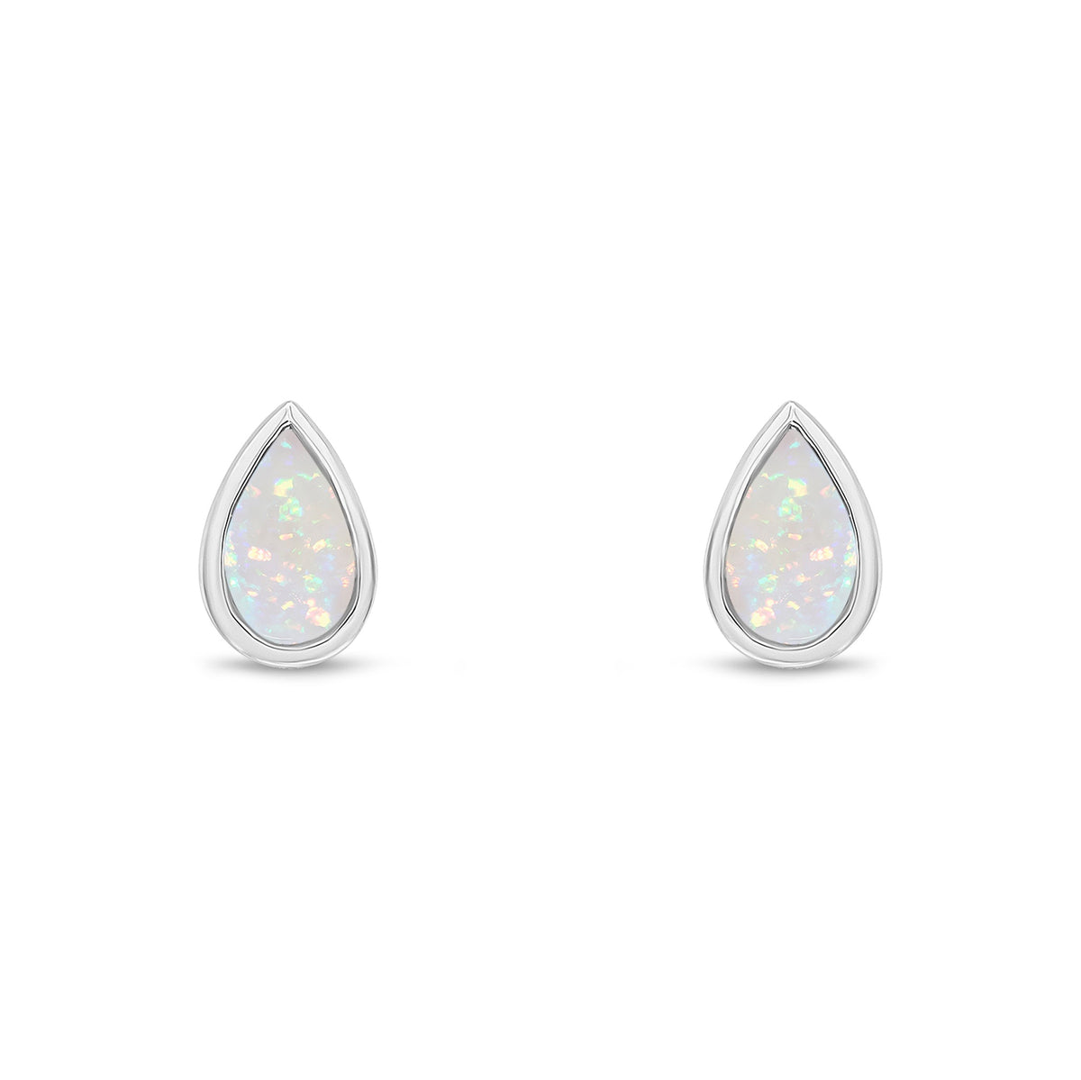 9ct White Gold Pear Shaped Natural Opal Rubover Stud Earrings — 5x3mm