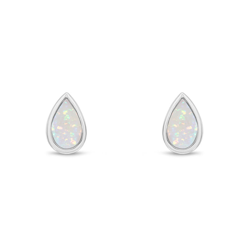 9ct White Gold Pear Shaped Natural Opal Rubover Stud Earrings — 5x3mm