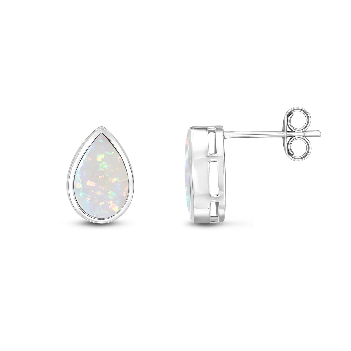 9ct White Gold Pear Shaped Natural Opal Rubover Stud Earrings — 9x6mm