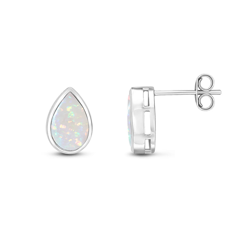 9ct White Gold Pear Shaped Natural Opal Rubover Stud Earrings — 9x6mm