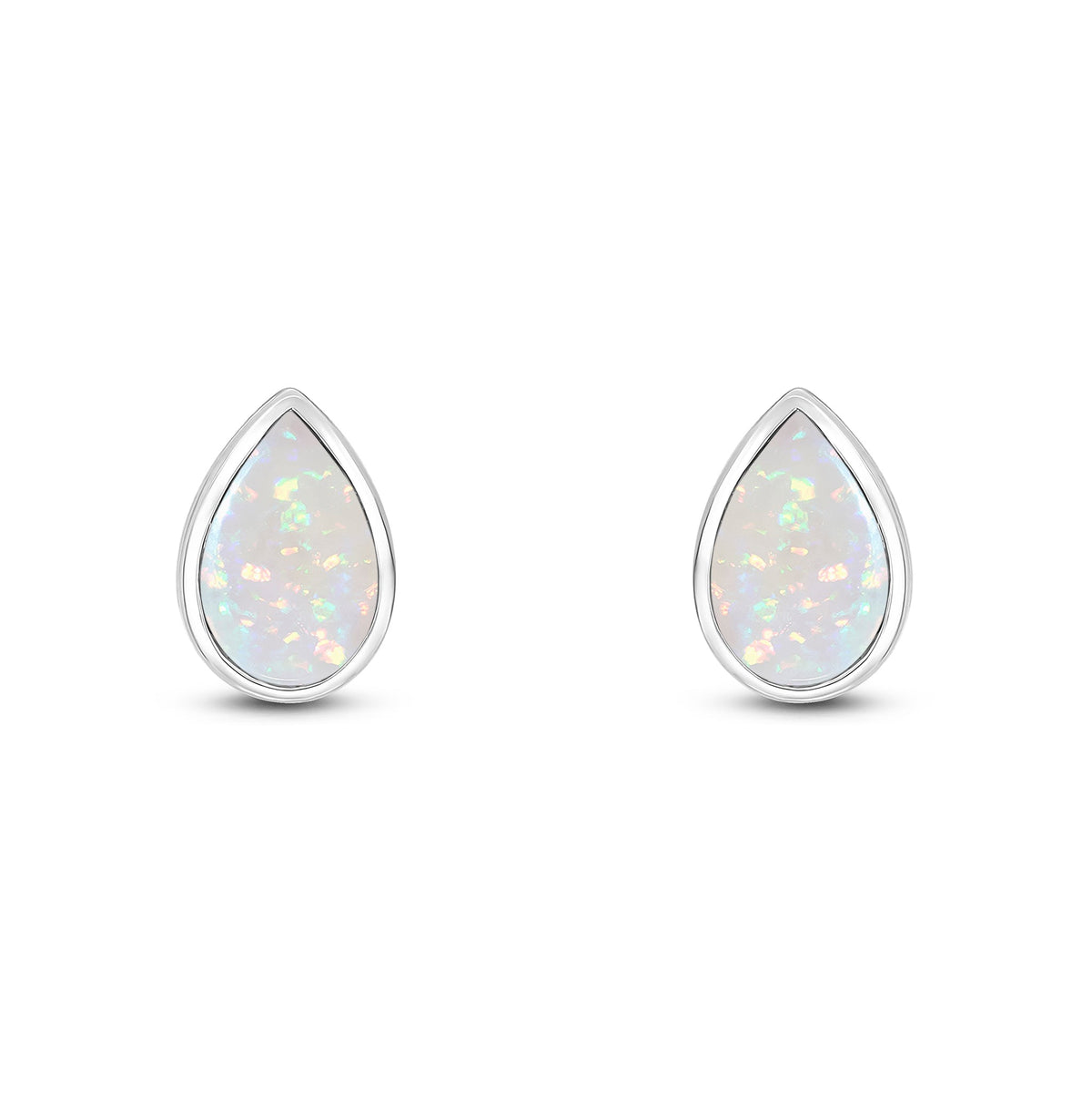 9ct White Gold Pear Shaped Natural Opal Rubover Stud Earrings — 9x6mm