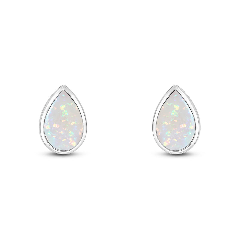 9ct White Gold Pear Shaped Natural Opal Rubover Stud Earrings — 9x6mm
