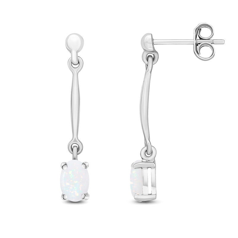 9ct White Gold Oval Natural Opal Claw Bar Drop Earrings — 6x4mm