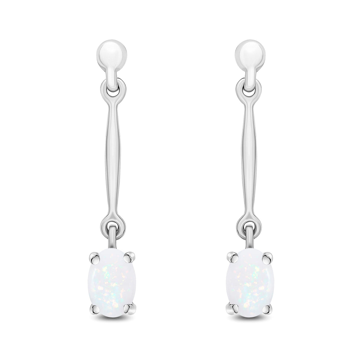 9ct White Gold Oval Natural Opal Claw Bar Drop Earrings — 6x4mm