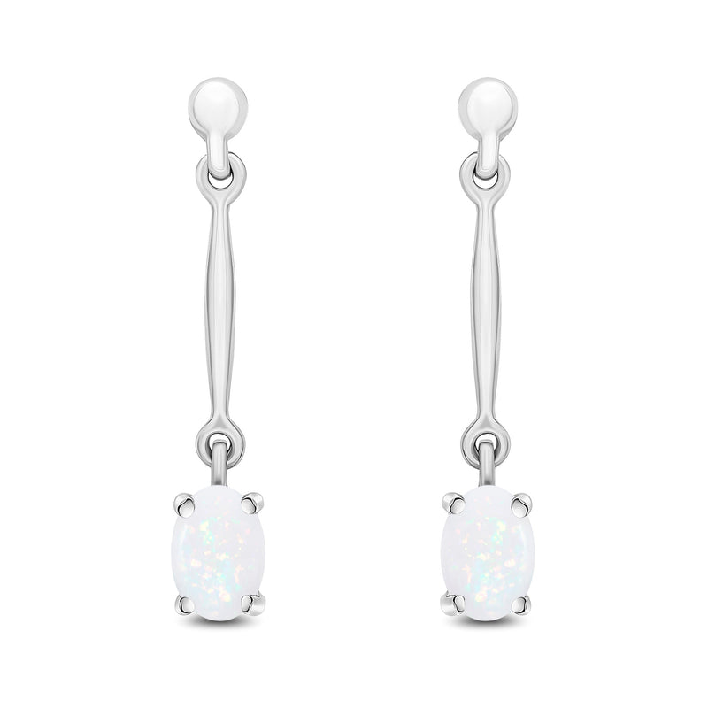9ct White Gold Oval Natural Opal Claw Bar Drop Earrings — 6x4mm