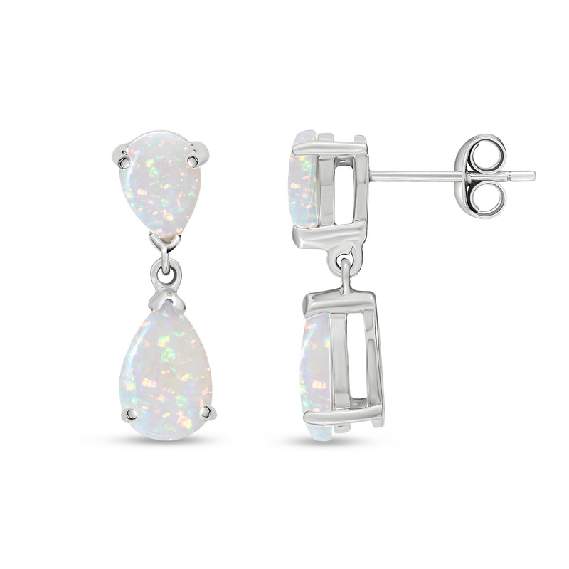 9ct White Gold Pear Shaped Natural Opal Two Stone Claw Drop Earrings — 9x6mm