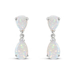 9ct White Gold Pear Shaped Natural Opal Two Stone Claw Drop Earrings — 9x6mm
