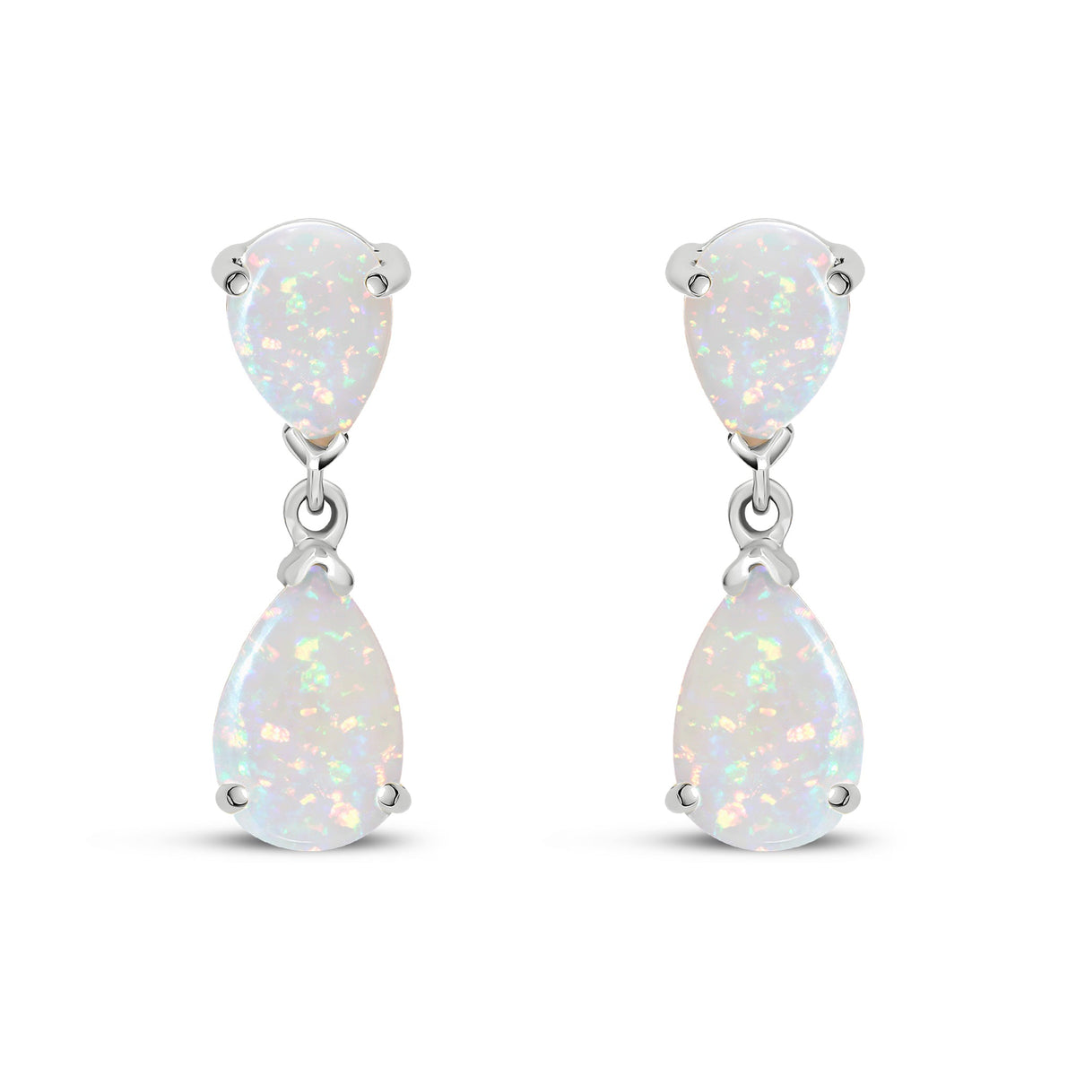 9ct White Gold Pear Shaped Natural Opal Two Stone Claw Drop Earrings — 9x6mm