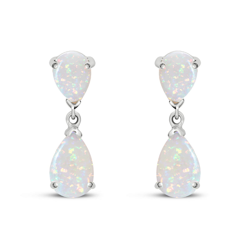 9ct White Gold Pear Shaped Natural Opal Two Stone Claw Drop Earrings — 9x6mm