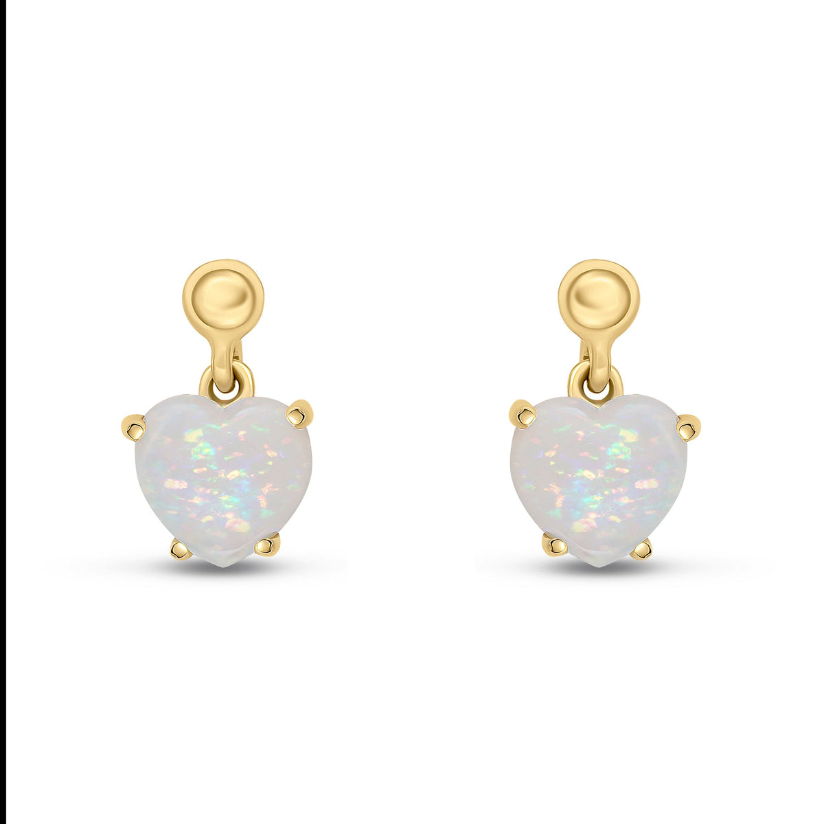 9ct Yellow Gold Heart Shaped Natural Opal Claw Drop Earrings with Bead Top — 6mm