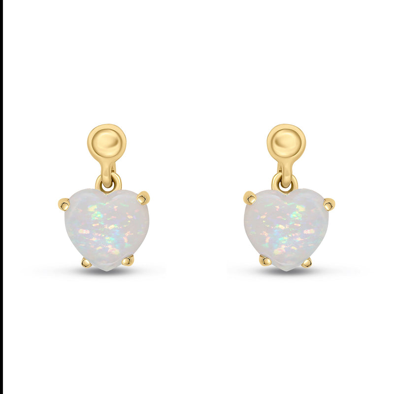 9ct Yellow Gold Heart Shaped Natural Opal Claw Drop Earrings with Bead Top — 6mm