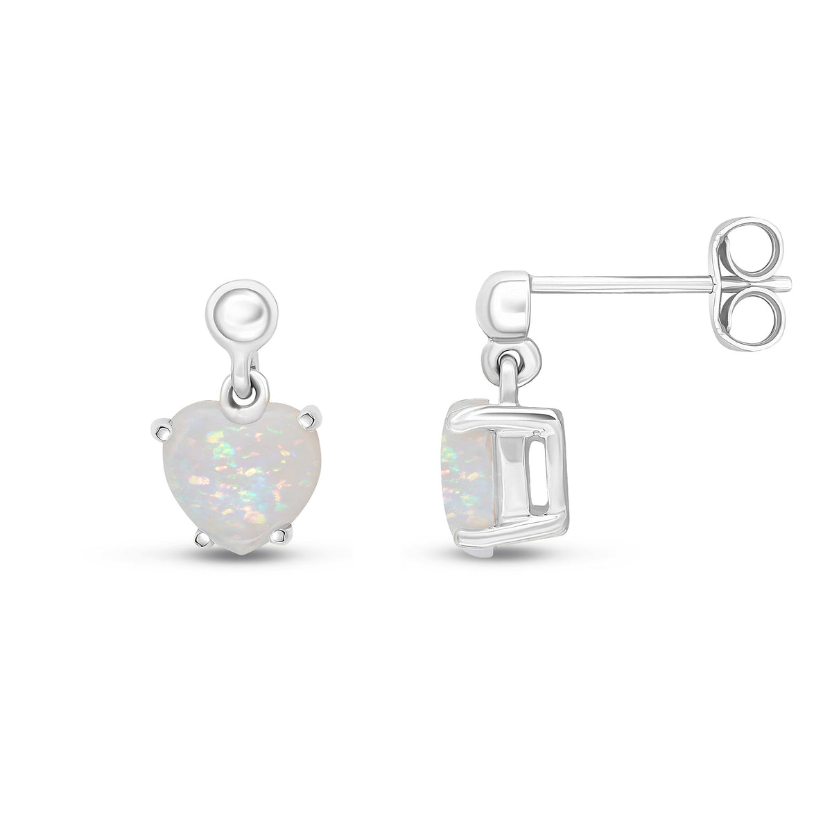 9ct White Gold Heart Shaped Natural Opal Claw Drop Earrings with Bead Top — 6mm