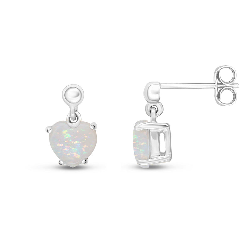 9ct White Gold Heart Shaped Natural Opal Claw Drop Earrings with Bead Top — 6mm