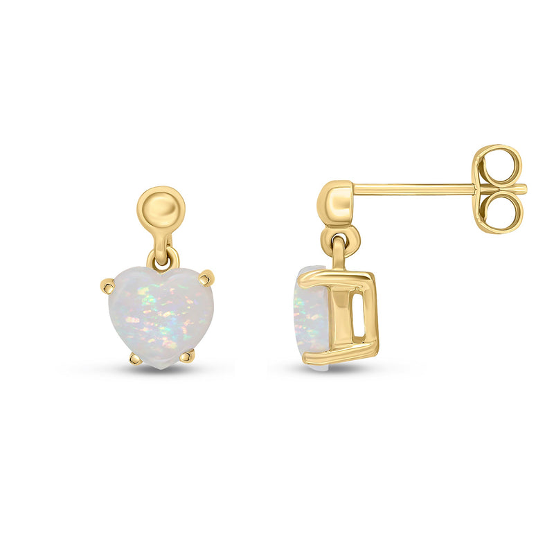 9ct Yellow Gold Heart Shaped Natural Opal Claw Drop Earrings with Bead Top — 6mm
